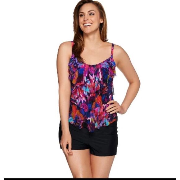 St. Tropez Mesh 3-Tiered Tankini top Swimsuit Pink Multi Size 16 QVC tropical - Picture 1 of 5